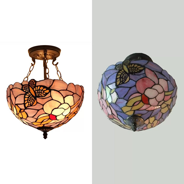 Bedroom Ceiling Lights LED, Victorian Floral Semi Flush Light with Chain and Stained Glass Shade, 12" W Clearhalo 'Ceiling Lights' 'Close To Ceiling Lights' 'Close to ceiling' 'Glass shade' 'Glass' 'Semi-flushmount' 'Tiffany close to ceiling' 'Tiffany' Lighting' 10036