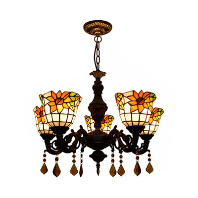 Bell Chandelier Tiffany Stained Glass 5 Lights Decorative Suspension Light with Sunflower Pattern Clearhalo 'Ceiling Lights' 'Chandeliers' 'Industrial' 'Middle Century Chandeliers' 'Tiffany Chandeliers' 'Tiffany close to ceiling' 'Tiffany' Lighting' 100360