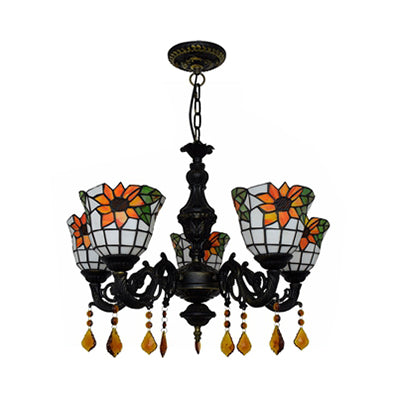 Bell Chandelier Tiffany Stained Glass 5 Lights Decorative Suspension Light with Sunflower Pattern Clearhalo 'Ceiling Lights' 'Chandeliers' 'Industrial' 'Middle Century Chandeliers' 'Tiffany Chandeliers' 'Tiffany close to ceiling' 'Tiffany' Lighting' 100361