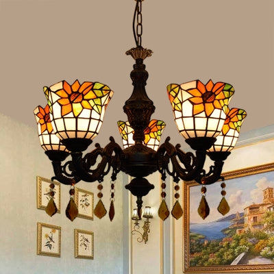 Bell Chandelier Tiffany Stained Glass 5 Lights Decorative Suspension Light with Sunflower Pattern Yellow Clearhalo 'Ceiling Lights' 'Chandeliers' 'Industrial' 'Middle Century Chandeliers' 'Tiffany Chandeliers' 'Tiffany close to ceiling' 'Tiffany' Lighting' 100362