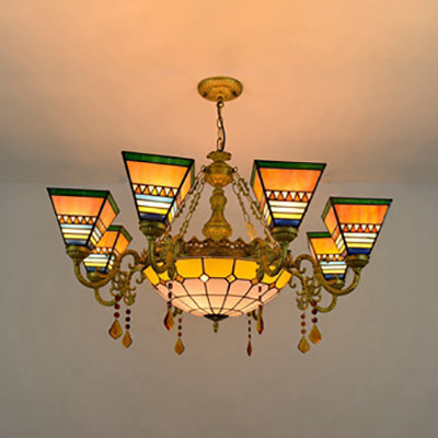 Stained Glass Pyramid Suspension Light Rustic 9 Lights Chandelier with Crystal in Yellow for Bedroom Clearhalo 'Ceiling Lights' 'Chandeliers' 'Industrial' 'Middle Century Chandeliers' 'Tiffany Chandeliers' 'Tiffany close to ceiling' 'Tiffany' Lighting' 100365