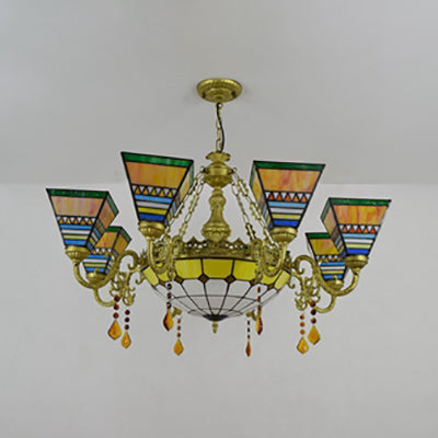 Stained Glass Pyramid Suspension Light Rustic 9 Lights Chandelier with Crystal in Yellow for Bedroom Clearhalo 'Ceiling Lights' 'Chandeliers' 'Industrial' 'Middle Century Chandeliers' 'Tiffany Chandeliers' 'Tiffany close to ceiling' 'Tiffany' Lighting' 100366