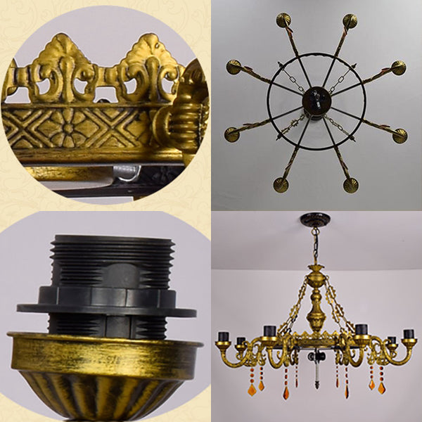 Stained Glass Pyramid Suspension Light Rustic 9 Lights Chandelier with Crystal in Yellow for Bedroom Clearhalo 'Ceiling Lights' 'Chandeliers' 'Industrial' 'Middle Century Chandeliers' 'Tiffany Chandeliers' 'Tiffany close to ceiling' 'Tiffany' Lighting' 100368