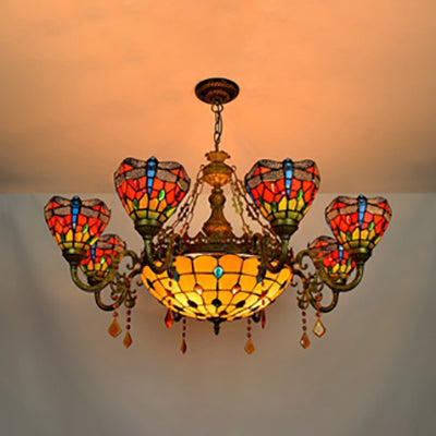Stained Glass Bowl-Shaped Hanging Light Rustic 9 Lights Chandelier with Crystal in Multicolor for Bedroom Clearhalo 'Ceiling Lights' 'Chandeliers' 'Industrial' 'Middle Century Chandeliers' 'Tiffany Chandeliers' 'Tiffany close to ceiling' 'Tiffany' Lighting' 100369