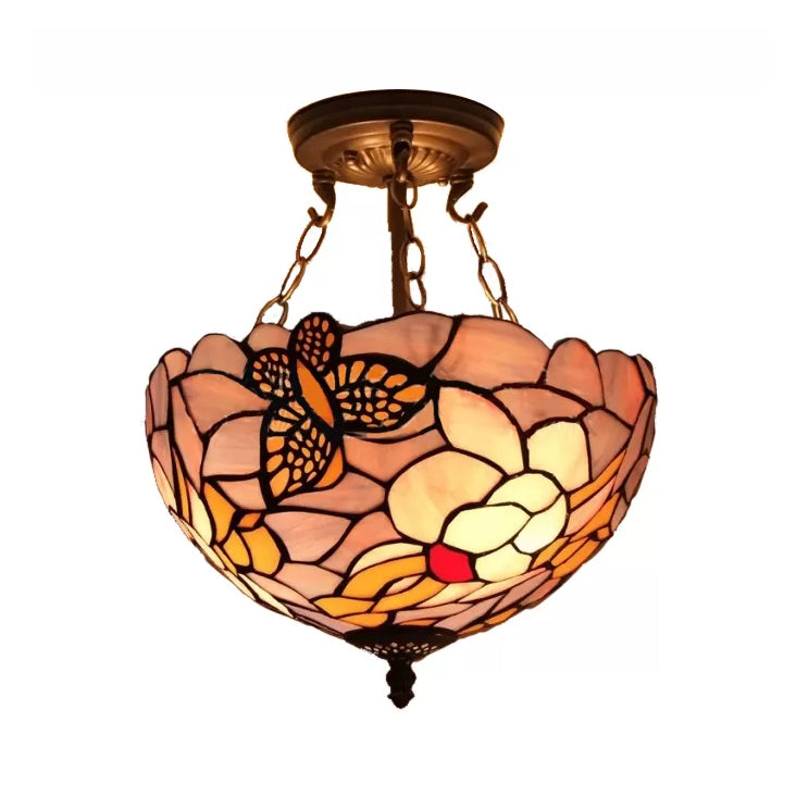 Bedroom Ceiling Lights LED, Victorian Floral Semi Flush Light with Chain and Stained Glass Shade, 12" W Purple Clearhalo 'Ceiling Lights' 'Close To Ceiling Lights' 'Close to ceiling' 'Glass shade' 'Glass' 'Semi-flushmount' 'Tiffany close to ceiling' 'Tiffany' Lighting' 10037