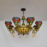 Stained Glass Bowl-Shaped Hanging Light Rustic 9 Lights Chandelier with Crystal in Multicolor for Bedroom Clearhalo 'Ceiling Lights' 'Chandeliers' 'Industrial' 'Middle Century Chandeliers' 'Tiffany Chandeliers' 'Tiffany close to ceiling' 'Tiffany' Lighting' 100370