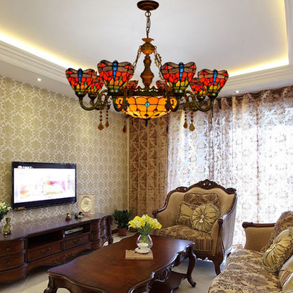 Stained Glass Bowl-Shaped Hanging Light Rustic 9 Lights Chandelier with Crystal in Multicolor for Bedroom Orange Clearhalo 'Ceiling Lights' 'Chandeliers' 'Industrial' 'Middle Century Chandeliers' 'Tiffany Chandeliers' 'Tiffany close to ceiling' 'Tiffany' Lighting' 100371