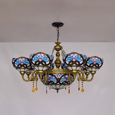 Suspension Light Tiffany 9 Lights Crystal Chandelier Light with Bowl Glass Shade in Blue for Bedroom Clearhalo 'Ceiling Lights' 'Chandeliers' 'Industrial' 'Middle Century Chandeliers' 'Pendant Lights' 'Tiffany Chandeliers' 'Tiffany close to ceiling' 'Tiffany' Lighting' 100374