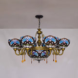 Suspension Light Tiffany 9 Lights Crystal Chandelier Light with Bowl Glass Shade in Blue for Bedroom Clearhalo 'Ceiling Lights' 'Chandeliers' 'Industrial' 'Middle Century Chandeliers' 'Pendant Lights' 'Tiffany Chandeliers' 'Tiffany close to ceiling' 'Tiffany' Lighting' 100374