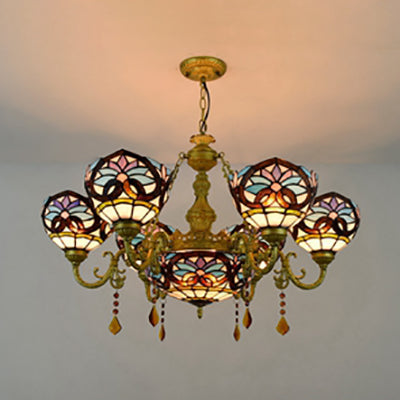 Stained Glass Bowl Shade Hanging Pendant Rustic 7 Lights Chandelier with Crystal in Blue for Bedroom Clearhalo 'Ceiling Lights' 'Chandeliers' 'Industrial' 'Middle Century Chandeliers' 'Tiffany Chandeliers' 'Tiffany close to ceiling' 'Tiffany' Lighting' 100377