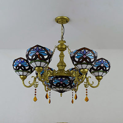 Stained Glass Bowl Shade Hanging Pendant Rustic 7 Lights Chandelier with Crystal in Blue for Bedroom Clearhalo 'Ceiling Lights' 'Chandeliers' 'Industrial' 'Middle Century Chandeliers' 'Tiffany Chandeliers' 'Tiffany close to ceiling' 'Tiffany' Lighting' 100378
