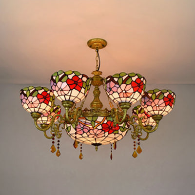 Stained Glass Scalloped Shade Suspension Light Rustic 9 Lights Inverted Chandelier with Flower Pattern for Bedroom Clearhalo 'Ceiling Lights' 'Chandeliers' 'Close To Ceiling Lights' 'Industrial' 'Middle Century Chandeliers' 'Tiffany Chandeliers' 'Tiffany close to ceiling' 'Tiffany' Lighting' 100383