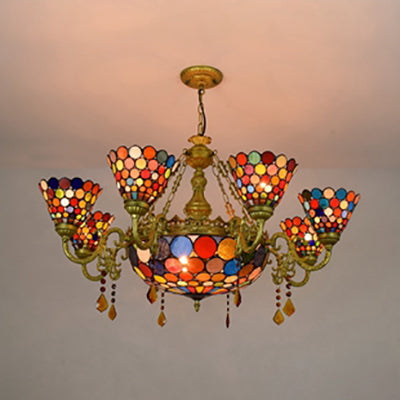 Stained Glass Cone Chandelier Light Rustic 11 Lights Inverted Chandelier with Colorful Circle Pattern Clearhalo 'Ceiling Lights' 'Chandeliers' 'Industrial' 'Middle Century Chandeliers' 'Tiffany Chandeliers' 'Tiffany close to ceiling' 'Tiffany' Lighting' 100391