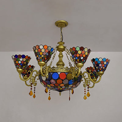 Stained Glass Cone Chandelier Light Rustic 11 Lights Inverted Chandelier with Colorful Circle Pattern Clearhalo 'Ceiling Lights' 'Chandeliers' 'Industrial' 'Middle Century Chandeliers' 'Tiffany Chandeliers' 'Tiffany close to ceiling' 'Tiffany' Lighting' 100392