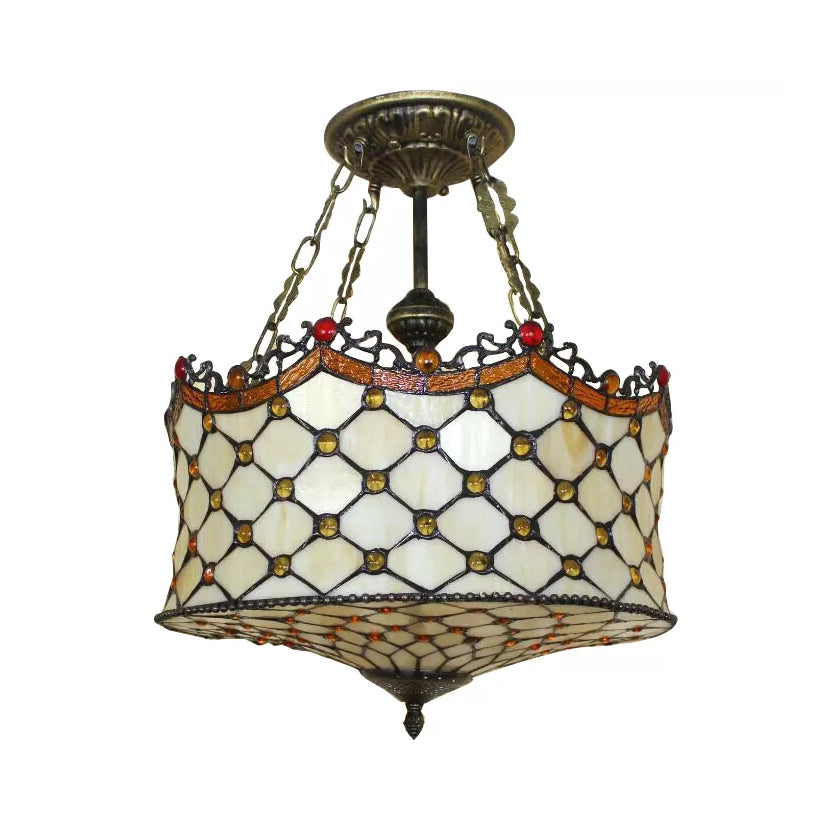 LED Bedroom Ceiling Lights, Victorian Semi Flush Mount Lighting in Antique Brass and Stained Glass Shade Clearhalo 'Ceiling Lights' 'Close To Ceiling Lights' 'Close to ceiling' 'Glass shade' 'Glass' 'Pendant Lights' 'Semi-flushmount' 'Tiffany close to ceiling' 'Tiffany' Lighting' 10040