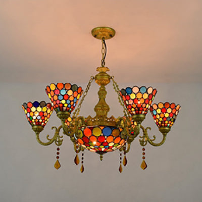 7 Lights Cone Hanging Light Tiffany Stained Glass Chandelier Light with Colorful Circle Pattern for Living Room Clearhalo 'Ceiling Lights' 'Chandeliers' 'Industrial' 'Middle Century Chandeliers' 'Tiffany Chandeliers' 'Tiffany close to ceiling' 'Tiffany' Lighting' 100400