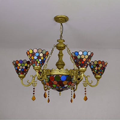 7 Lights Cone Hanging Light Tiffany Stained Glass Chandelier Light with Colorful Circle Pattern for Living Room Clearhalo 'Ceiling Lights' 'Chandeliers' 'Industrial' 'Middle Century Chandeliers' 'Tiffany Chandeliers' 'Tiffany close to ceiling' 'Tiffany' Lighting' 100401