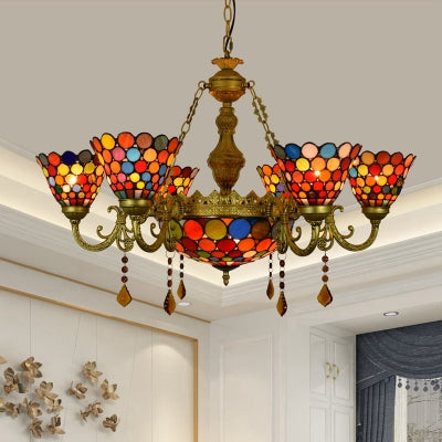 7 Lights Cone Hanging Light Tiffany Stained Glass Chandelier Light with Colorful Circle Pattern for Living Room Bronze Clearhalo 'Ceiling Lights' 'Chandeliers' 'Industrial' 'Middle Century Chandeliers' 'Tiffany Chandeliers' 'Tiffany close to ceiling' 'Tiffany' Lighting' 100402
