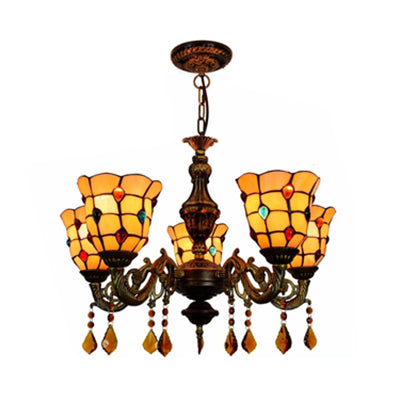 5 Lights Bell Shape Hanging Light Lodge Stained Glass Jewel Chandelier in Beige for Foyer Clearhalo 'Ceiling Lights' 'Chandeliers' 'Close To Ceiling Lights' 'Industrial' 'Middle Century Chandeliers' 'Tiffany Chandeliers' 'Tiffany close to ceiling' 'Tiffany' Lighting' 100409
