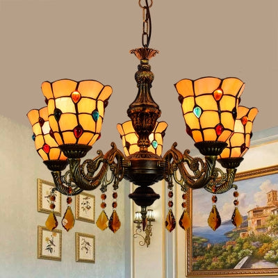 5 Lights Bell Shape Hanging Light Lodge Stained Glass Jewel Chandelier in Beige for Foyer Clearhalo 'Ceiling Lights' 'Chandeliers' 'Close To Ceiling Lights' 'Industrial' 'Middle Century Chandeliers' 'Tiffany Chandeliers' 'Tiffany close to ceiling' 'Tiffany' Lighting' 100411