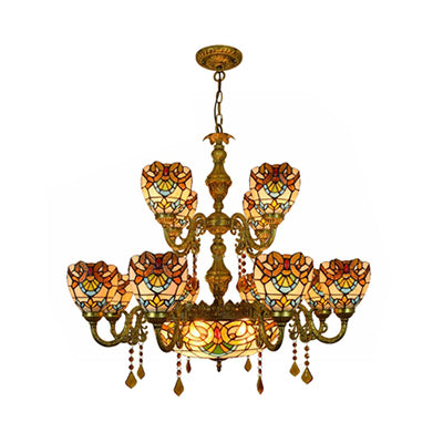 15 Lights Domed Hanging Lamp Victorian Stained Glass Crystal Chandelier Light in Brown for Living Room Clearhalo 'Ceiling Lights' 'Chandeliers' 'Industrial' 'Middle Century Chandeliers' 'Tiffany Chandeliers' 'Tiffany close to ceiling' 'Tiffany' Lighting' 100422