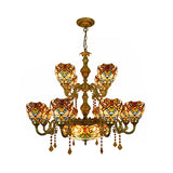 15 Lights Domed Hanging Lamp Victorian Stained Glass Crystal Chandelier Light in Brown for Living Room Clearhalo 'Ceiling Lights' 'Chandeliers' 'Industrial' 'Middle Century Chandeliers' 'Tiffany Chandeliers' 'Tiffany close to ceiling' 'Tiffany' Lighting' 100422