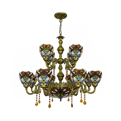15 Lights Domed Hanging Lamp Victorian Stained Glass Crystal Chandelier Light in Brown for Living Room Clearhalo 'Ceiling Lights' 'Chandeliers' 'Industrial' 'Middle Century Chandeliers' 'Tiffany Chandeliers' 'Tiffany close to ceiling' 'Tiffany' Lighting' 100423