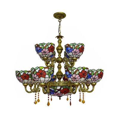 15 Lights Dome Shade Hanging Light Tiffany Stained Glass Two-Tier Chandelier with Flower Pattern for Dining Room Clearhalo 'Ceiling Lights' 'Chandeliers' 'Close To Ceiling Lights' 'Industrial' 'Middle Century Chandeliers' 'Tiffany Chandeliers' 'Tiffany close to ceiling' 'Tiffany' Lighting' 100427