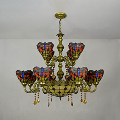13 Lights Dome-Shaped Hanging Lamp Tiffany Style Stained Glass Dragonfly and Jewel Inverted Chandelier for Living Room Clearhalo 'Ceiling Lights' 'Chandeliers' 'Industrial' 'Middle Century Chandeliers' 'Tiffany Chandeliers' 'Tiffany close to ceiling' 'Tiffany' Lighting' 100431