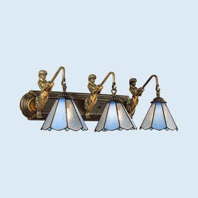 Blue Glass Conical Wall Light Fixture Tiffany 3 Lights Aged Brass Sconce Lighting Blue Clearhalo 'Industrial' 'Middle century wall lights' 'Tiffany wall lights' 'Tiffany' 'Wall Lamps & Sconces' 'Wall Lights' Lighting' 100437