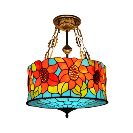 LED Bedroom Ceiling Lights, Victorian Semi Flush Mount Lighting in Antique Brass and Stained Glass Shade Antique Brass Sunflower Clearhalo 'Ceiling Lights' 'Close To Ceiling Lights' 'Close to ceiling' 'Glass shade' 'Glass' 'Pendant Lights' 'Semi-flushmount' 'Tiffany close to ceiling' 'Tiffany' Lighting' 10044