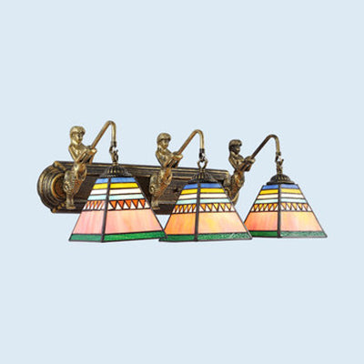 Pyramid Green-Pink Wall Light Fixture Tiffany 3 Lights Brass Sconce Light with Mermaid Decoration Green-Pink Clearhalo 'Industrial' 'Middle century wall lights' 'Tiffany wall lights' 'Tiffany' 'Wall Lamps & Sconces' 'Wall Lights' Lighting' 100440