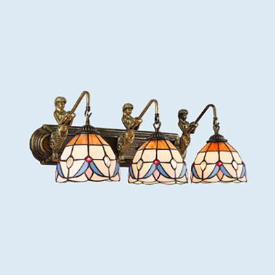 Tiffany Jeweled White Glass Sconce Light 3 Heads Wall Mounted Light in Beige with Mermaid Backplate Clearhalo 'Industrial' 'Middle century wall lights' 'Tiffany wall lights' 'Tiffany' 'Wall Lamps & Sconces' 'Wall Lights' Lighting' 100443