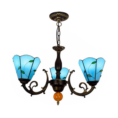 Blue Conic Shade Chandelier Light Industrial Vintage Stained Glass 3 Lights Leaf Inverted Chandelier Clearhalo 'Ceiling Lights' 'Chandeliers' 'Close To Ceiling Lights' 'Industrial' 'Middle Century Chandeliers' 'Tiffany Chandeliers' 'Tiffany close to ceiling' 'Tiffany' Lighting' 100447