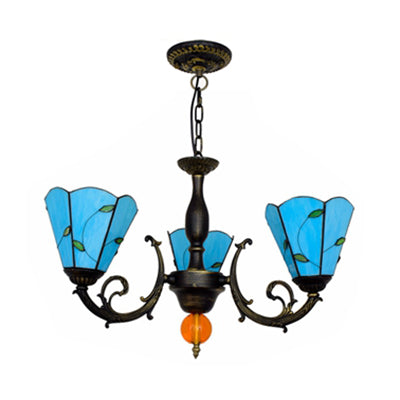 Blue Conic Shade Chandelier Light Industrial Vintage Stained Glass 3 Lights Leaf Inverted Chandelier Clearhalo 'Ceiling Lights' 'Chandeliers' 'Close To Ceiling Lights' 'Industrial' 'Middle Century Chandeliers' 'Tiffany Chandeliers' 'Tiffany close to ceiling' 'Tiffany' Lighting' 100448