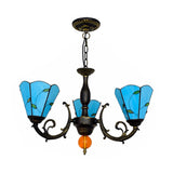 Blue Conic Shade Chandelier Light Industrial Vintage Stained Glass 3 Lights Leaf Inverted Chandelier Clearhalo 'Ceiling Lights' 'Chandeliers' 'Close To Ceiling Lights' 'Industrial' 'Middle Century Chandeliers' 'Tiffany Chandeliers' 'Tiffany close to ceiling' 'Tiffany' Lighting' 100448