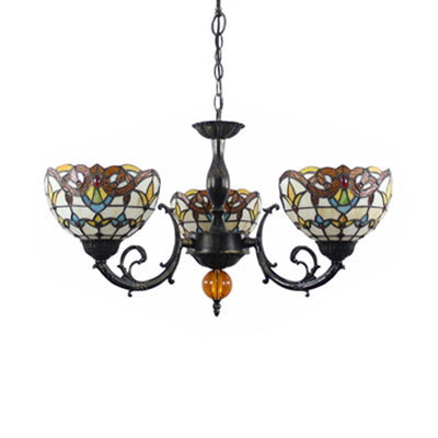 Beige Bowl Shade Chandelier Vintage Stained Glass 3 Lights Inverted Chandelier with Chain for Bedroom Lighting Clearhalo 'Ceiling Lights' 'Chandeliers' 'Industrial' 'Middle Century Chandeliers' 'Tiffany Chandeliers' 'Tiffany close to ceiling' 'Tiffany' Lighting' 100463