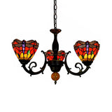 Red Conic Hanging Light Industrial Vintage Stained Glass 3 Lights Inverted Chandelier with Dragonfly Pattern Clearhalo 'Ceiling Lights' 'Chandeliers' 'Industrial' 'Middle Century Chandeliers' 'Tiffany Chandeliers' 'Tiffany close to ceiling' 'Tiffany' Lighting' 100473