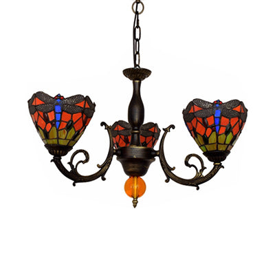 Red Conic Hanging Light Industrial Vintage Stained Glass 3 Lights Inverted Chandelier with Dragonfly Pattern Clearhalo 'Ceiling Lights' 'Chandeliers' 'Industrial' 'Middle Century Chandeliers' 'Tiffany Chandeliers' 'Tiffany close to ceiling' 'Tiffany' Lighting' 100474