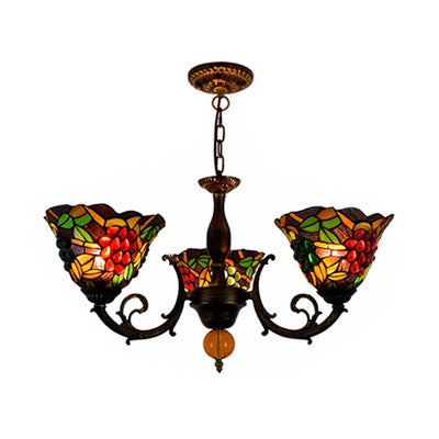 Multicolored Bell Shade Chandelier Light Industrial Vintage Stained Glass 3 Lights Grapes Inverted Chandelier Clearhalo 'Ceiling Lights' 'Chandeliers' 'Industrial' 'Middle Century Chandeliers' 'Tiffany Chandeliers' 'Tiffany close to ceiling' 'Tiffany' Lighting' 100476