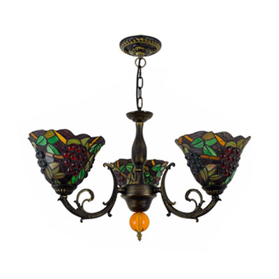 Multicolored Bell Shade Chandelier Light Industrial Vintage Stained Glass 3 Lights Grapes Inverted Chandelier Clearhalo 'Ceiling Lights' 'Chandeliers' 'Industrial' 'Middle Century Chandeliers' 'Tiffany Chandeliers' 'Tiffany close to ceiling' 'Tiffany' Lighting' 100477