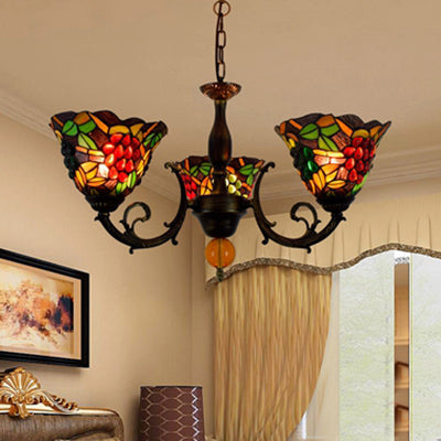 Multicolored Bell Shade Chandelier Light Industrial Vintage Stained Glass 3 Lights Grapes Inverted Chandelier Green Clearhalo 'Ceiling Lights' 'Chandeliers' 'Industrial' 'Middle Century Chandeliers' 'Tiffany Chandeliers' 'Tiffany close to ceiling' 'Tiffany' Lighting' 100478