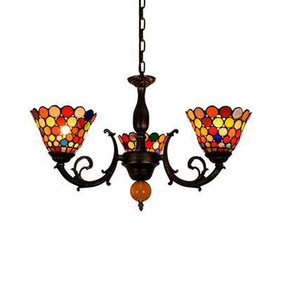 Colorful Bell Suspension Light Vintage Stained Glass 3 Lights Inverted Chandelier for Dining Room Clearhalo 'Ceiling Lights' 'Chandeliers' 'Close To Ceiling Lights' 'Industrial' 'Middle Century Chandeliers' 'Tiffany Chandeliers' 'Tiffany close to ceiling' 'Tiffany' Lighting' 100479