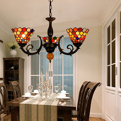 Colorful Bell Suspension Light Vintage Stained Glass 3 Lights Inverted Chandelier for Dining Room Rust Clearhalo 'Ceiling Lights' 'Chandeliers' 'Close To Ceiling Lights' 'Industrial' 'Middle Century Chandeliers' 'Tiffany Chandeliers' 'Tiffany close to ceiling' 'Tiffany' Lighting' 100481