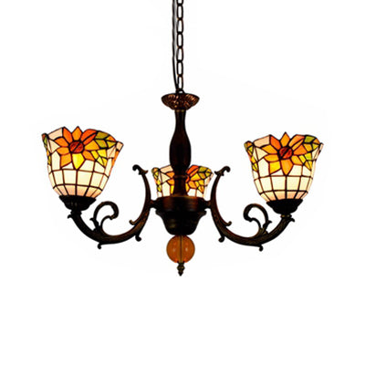 Bell Shade Chandelier Light Industrial Vintage Stained Glass 3 Lights Sunflower Inverted Chandelier Clearhalo 'Ceiling Lights' 'Chandeliers' 'Industrial' 'Middle Century Chandeliers' 'Tiffany Chandeliers' 'Tiffany close to ceiling' 'Tiffany' Lighting' 100482