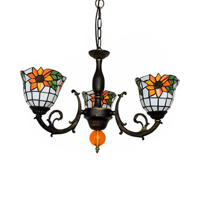 Bell Shade Chandelier Light Industrial Vintage Stained Glass 3 Lights Sunflower Inverted Chandelier Clearhalo 'Ceiling Lights' 'Chandeliers' 'Industrial' 'Middle Century Chandeliers' 'Tiffany Chandeliers' 'Tiffany close to ceiling' 'Tiffany' Lighting' 100483