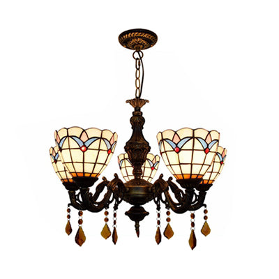 Domed Inverted Chandelier Retro Style Stained Glass 5 Lights Hanging Pendant with Tulip Pattern Clearhalo 'Ceiling Lights' 'Chandeliers' 'Industrial' 'Middle Century Chandeliers' 'Tiffany Chandeliers' 'Tiffany close to ceiling' 'Tiffany' Lighting' 100487