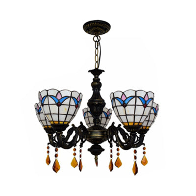 Domed Inverted Chandelier Retro Style Stained Glass 5 Lights Hanging Pendant with Tulip Pattern Clearhalo 'Ceiling Lights' 'Chandeliers' 'Industrial' 'Middle Century Chandeliers' 'Tiffany Chandeliers' 'Tiffany close to ceiling' 'Tiffany' Lighting' 100488