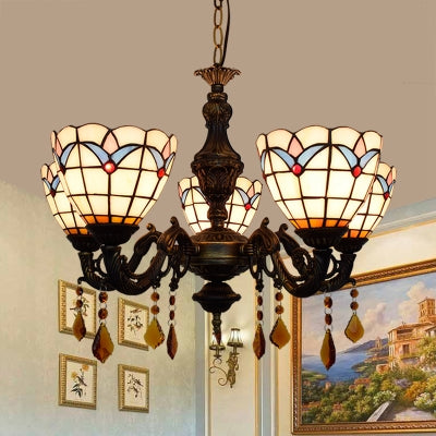 Domed Inverted Chandelier Retro Style Stained Glass 5 Lights Hanging Pendant with Tulip Pattern White Clearhalo 'Ceiling Lights' 'Chandeliers' 'Industrial' 'Middle Century Chandeliers' 'Tiffany Chandeliers' 'Tiffany close to ceiling' 'Tiffany' Lighting' 100489