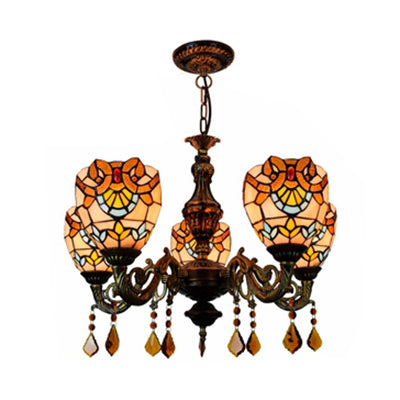 Bowl Chandelier Retro Style Stained Glass 5 Lights Hanging Pendant with Crystal for Bedroom Clearhalo 'Ceiling Lights' 'Chandeliers' 'Industrial' 'Middle Century Chandeliers' 'Tiffany Chandeliers' 'Tiffany close to ceiling' 'Tiffany' Lighting' 100492